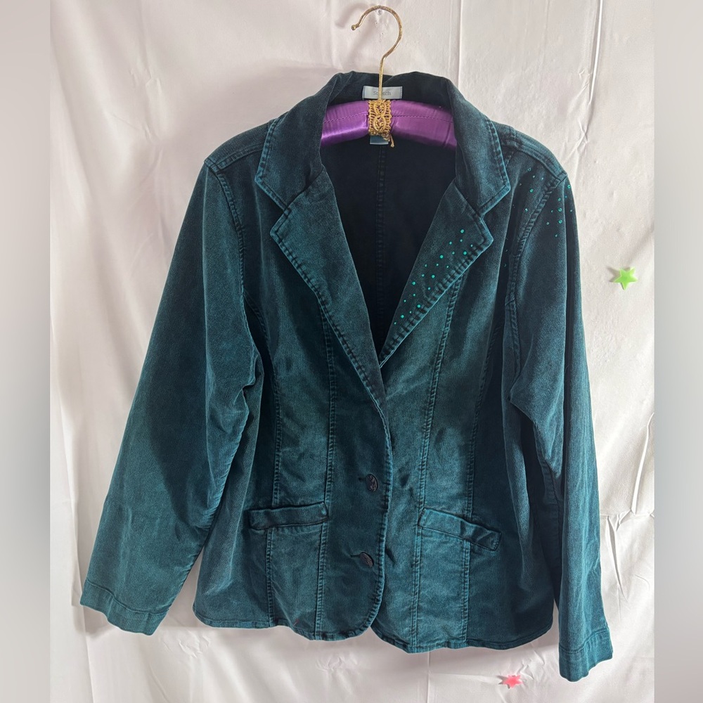 Y2K Jewel Toned Teal Embellished Collared Corduroy Blazer Women’s Size 1X